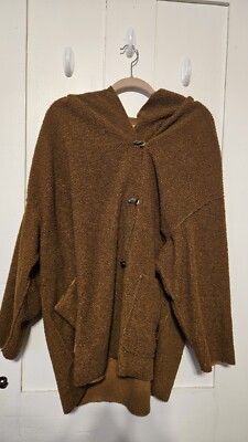 Women's S MAX STUDIO Teddy Bear Brown Hooded Long Cozy Soft Jacket Coat Latch BC