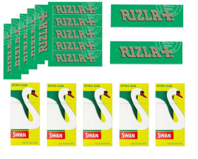 ANGEBOT Rizla Green 12 Hefte + 5 Päckchen Schwan Extra Slim 600 Filter 