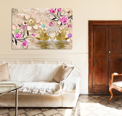 CANVAS-FLOWERS AND GOLD-(2314)-Photo Art Fine Art Jewellery Swan Wall Art - Picture 3 of 6
