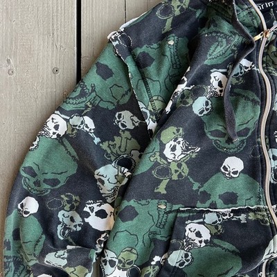 Vintage Y2K Skate Grunge Sarin AOP Skull Full Zip Up Hoodie XL
