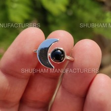 Natural Black Onyx Round Gemstone Adjustable Design 925 Pure Silver Ring For Her