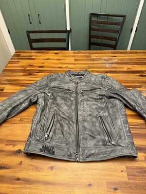 Harley Davidson Carboy Grey Leather Coat Mens Xl Distressed motorcycle 