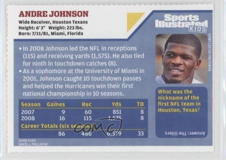 2009 Sports Illustrated for Kids Series 4 Andre Johnson #389 HOF - Image 2 of 2