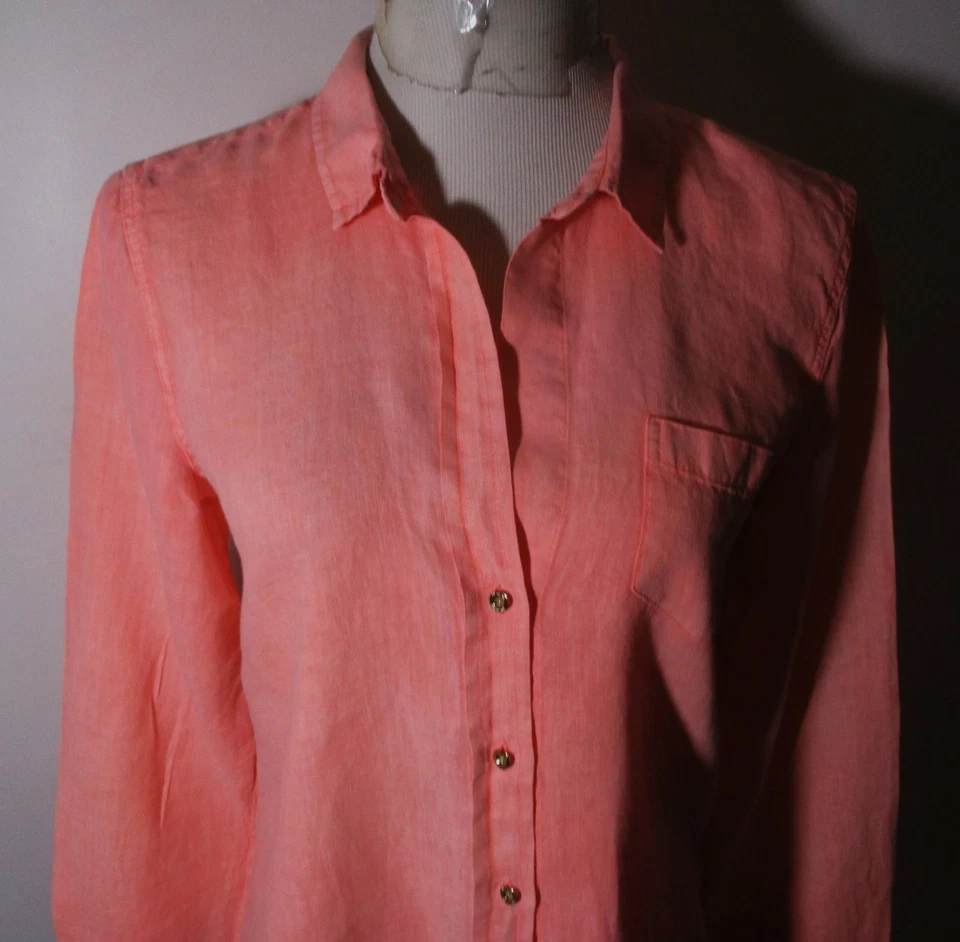 LILLY PULITZER 粉色 100% 亚麻长袖衬衫女式 M 码 — 第 2/4 张图片