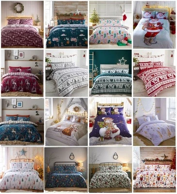 Father Christmas Tree Santa Reindeer Stag Quilt Duvet Cover New Xmas Bedding Set - image 1 of 4