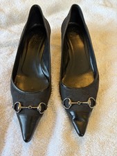 Gucci Kitten Heels, Black Logo Print Leather W/Iconic Horse Bit Logo, 7B