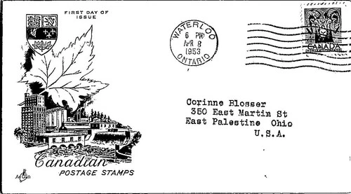 Canada 1953 Waterloo - Canadian postage stamps FDC Cover to USA - D1325