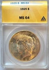 1925-P   ANACS MS-64   Brilliant Satiny Finish   Peace Silver Dollar.   #432