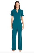 Maggy London Womens Teal Short Ruffle Sleeve Wide Leg Jumpsuit Sz 10 Zip Sleek
