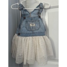 OshKosh B'gosh Light Blue Denim Overall Dress with Cream Tulle Skirt gold accent