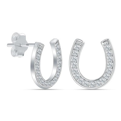 925 Sterling Silver Earrings for | Pave Cubic Zirconia Lucky Horseshoe Stud E...