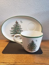 Spode Christmas Tree Porcelain Soup  Sandwich Set, Tray 11 inch / Mug 16 oz.