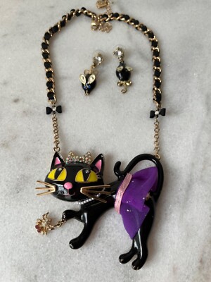 Betsey Johnson Enamel Large Black Cat Tutu Necklace and