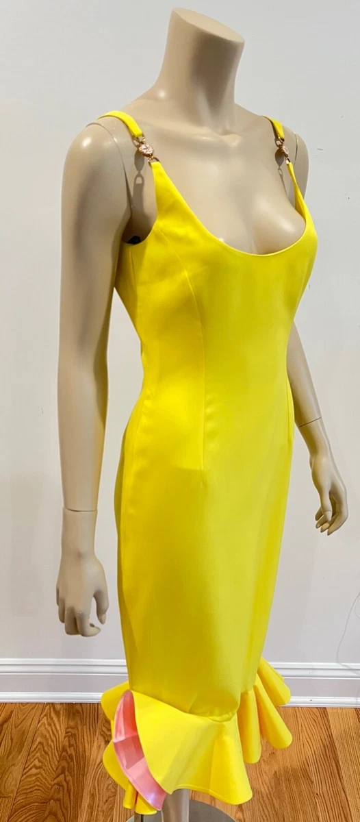 GIANNI VERSACE RUFFLED HEM MEDUSA DETAIL YELLOW DRESS US4-US6