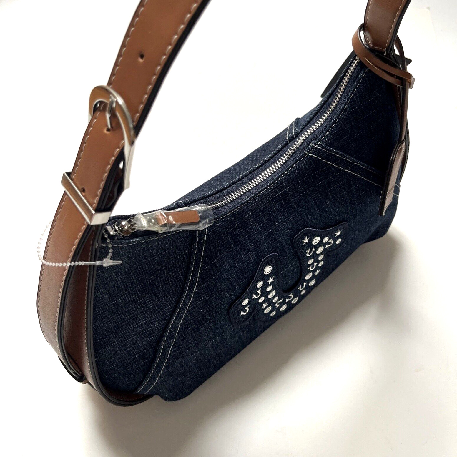 NWT Original TRUE RELIGION Denim Shoulder Bag Embellished Horseshoe Studded Blue image 8