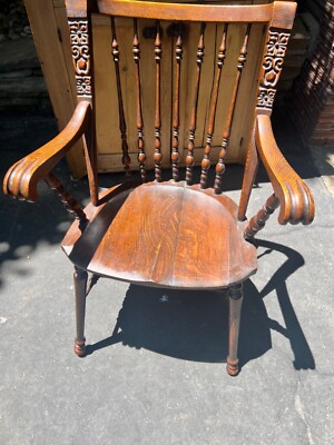 Antique Oak Arm Chair with Carved Back and Spindles