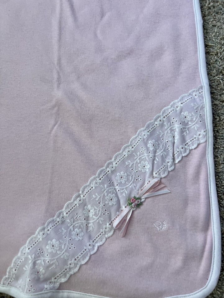 Christian Dior Baby Blanket Embroidered Lace Ribbon Satin Rose Pink
