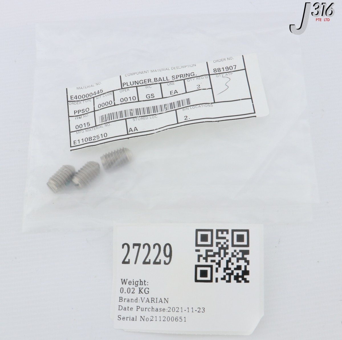 27229 VARIAN PLUNGER, BALL, SPRING, E11082510 (LOT OF 3) (NEW