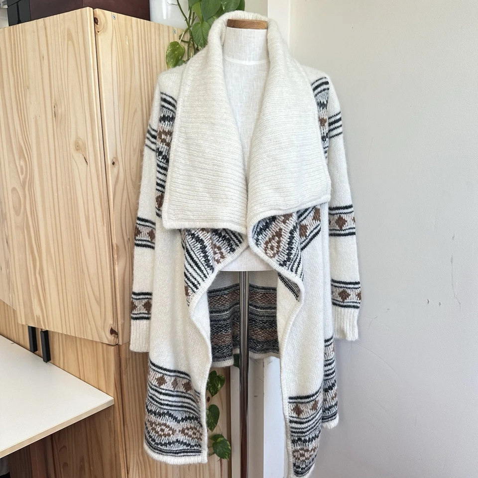 Cárdigan largo suéter Barneys New York bebé alpaca frente abierto mujer L Fair Isle Foto 2 de 4