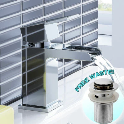 BW-HOUSEWARE NEW Modern Waterfall Bathroom Tap Basin Sink Mono Mixer Chrome Cloakroom + Waste