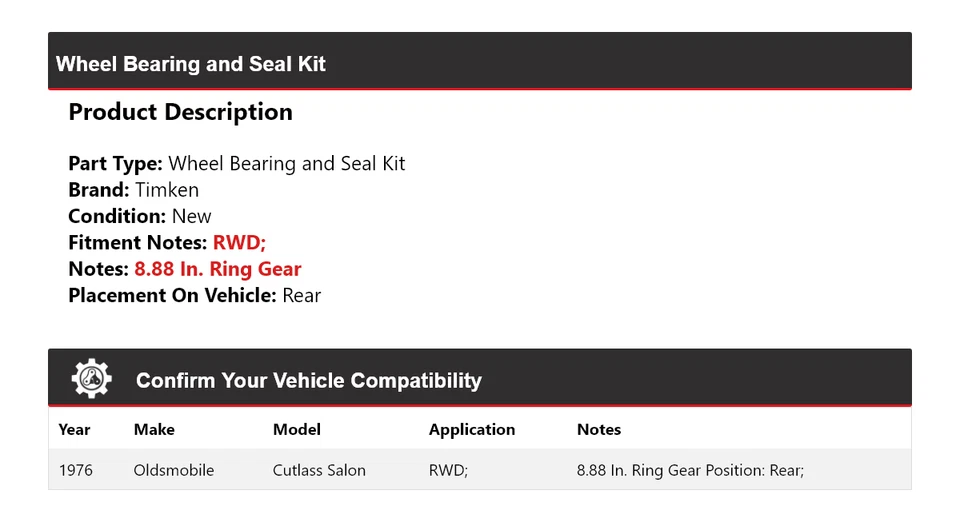 Kit de cojinete de rueda y sello trasero para Oldsmobile Cutlass Salon 1976 tracción trasera Timken Foto 2 de 4