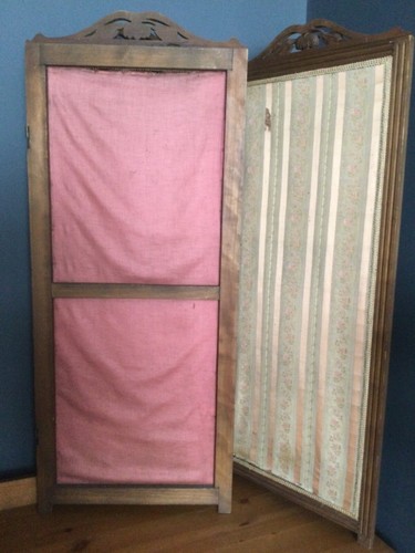 French Antique Wood Brocade Fabric Three Panel Screen 106cm Decorative Tabletop - Picture 4 of 11