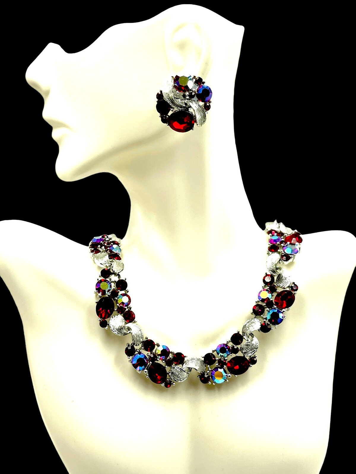 LISNER SILVER-TONE RUBY RED AB RHINESTONE FLOWER … - image 2