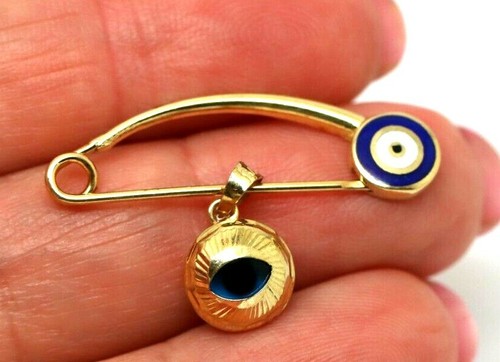 Genuine 14ct Yellow Gold Baby Child's Kids Brooch Evil Eye Mati Charm - Picture 3 of 9