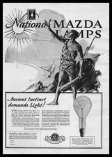 1928 National Lamp Works Cleveland Ohio G E Mazda Lamps Caveman Cartoon Print Ad