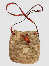 990 Mark Cross Women's Beige Joni Raffia Small Leather Shoulder Bucket Bag