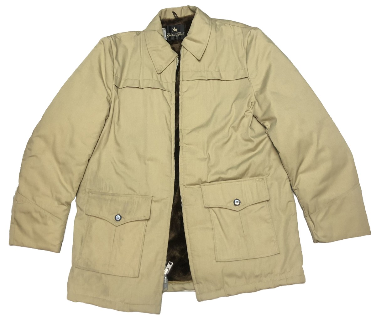 VTG Golden Fleece Khaki Wool Pea Coat Fur Interior USA Size 46