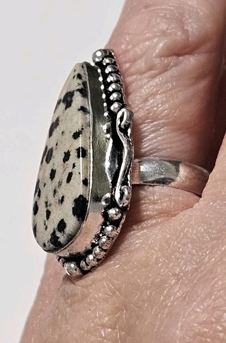 Natural Dalmatian Jasper Gemstone Silvertone Jewelry Ring Size 6-1/2 Nwot - Picture 8 of 9