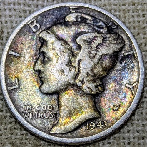 1943 Mercury Dime VG/F : Rainbow Tone, Very Good to Fine - .9 Fine Silver Coin
