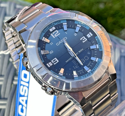 CASIO AMW-870DA-2A2V MENS SILVER DIGITAL ANALOGUE TEAL BLUE DIAL