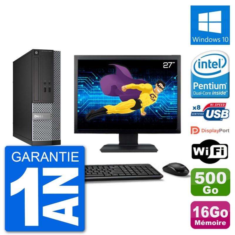 PC Dell 3020 SFF Ecran 27" G3220 RAM 16Go Disque 500Go Windows 10 Wifi