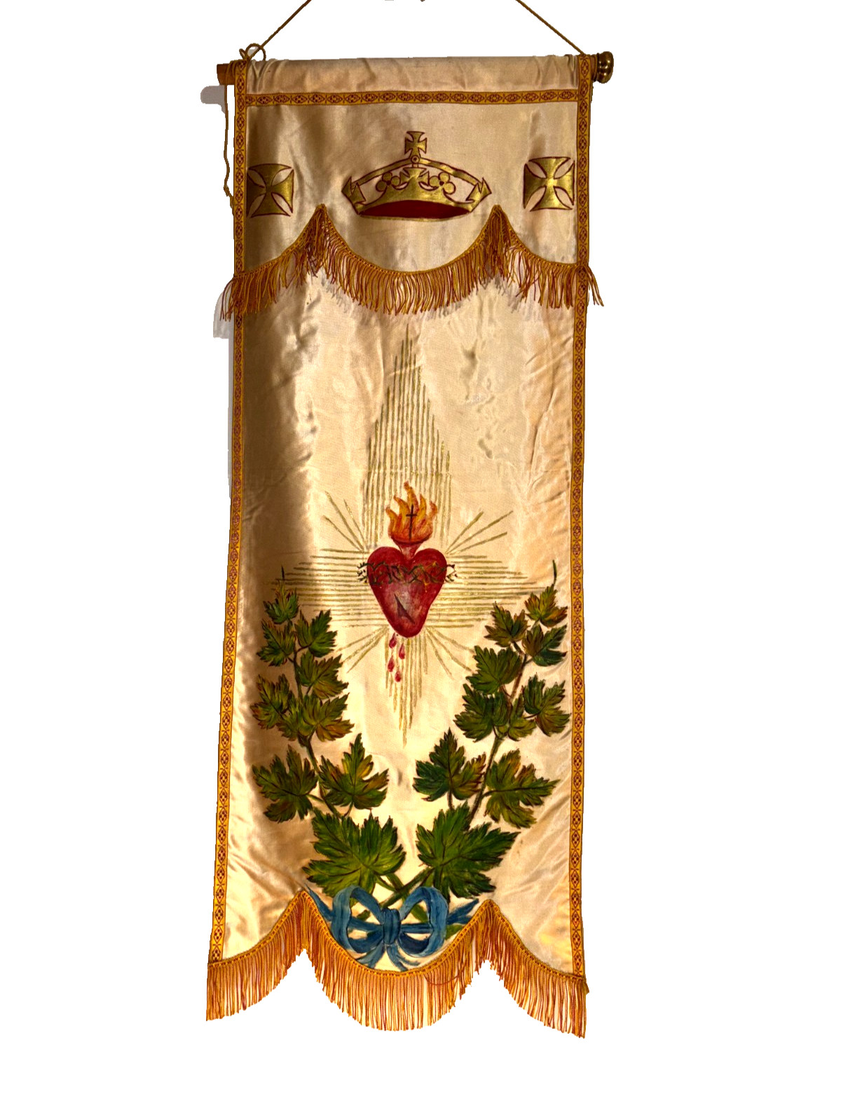 Vintage Hand Painted Silk Christian Church Banner Sacred Heart Painting