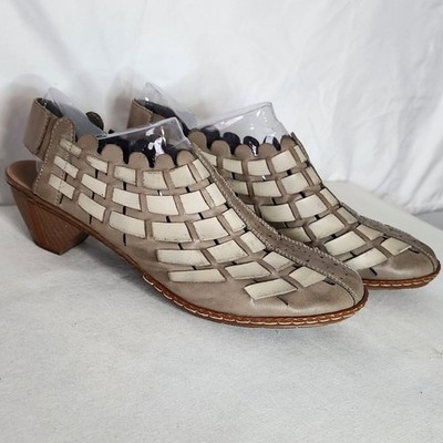 Rieker Antistress Womens 40 Taupe Leather Woven Cutout Slingback Block Heels
