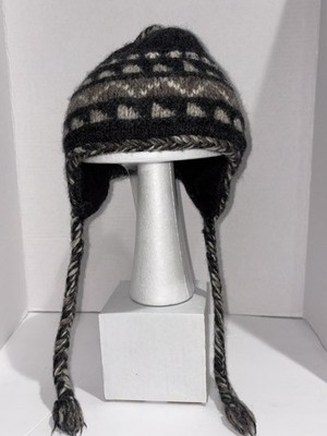 Everest Designs Nepal Wool Earflap Hat Black Gray Cream Fleece Lined 