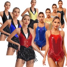 Womens Sequins Fringed Leotard Cross Back Bodysuit Gymnastics Showgirl Dancewear