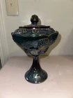 Vintage Indiana Blue Carnival Glass Harvest Grape Pedestal Compote Dish With Lid