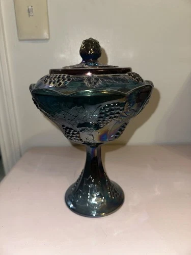 Vintage Indiana Blue Carnival Glass Harvest Grape Pedestal Compote Dish With Lid