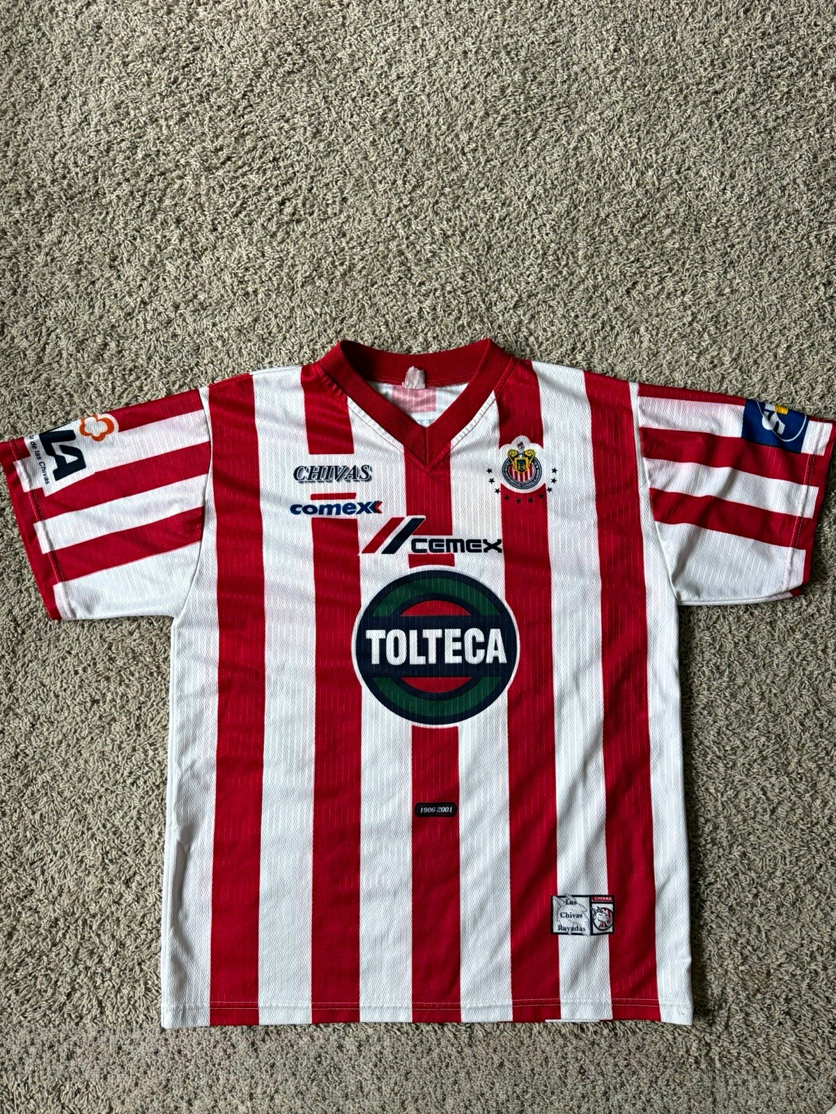 Vintage Chivas Guadalajara Soccer Jersey Shirt Red/White Striped Tolteca Cemex