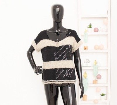 ELISA CAVALETTI Blouse Black Grey Fluffy Beaded Embroidered Short Sleeve S