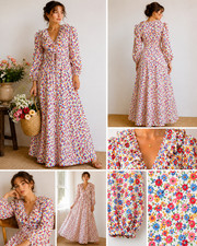Vintage 1970s Prairie Floral Maxi Dress  Cottagecore Puff Sleeve Ruffle Neck Co