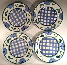Caleca Arioso Salad Luncheon Plates 9 1/2" Blue Gingham Floral Italy Set of 4