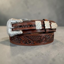 Mens HandTooled Brown Leather Ranger Belt With Sterling Silver Buckle Set
