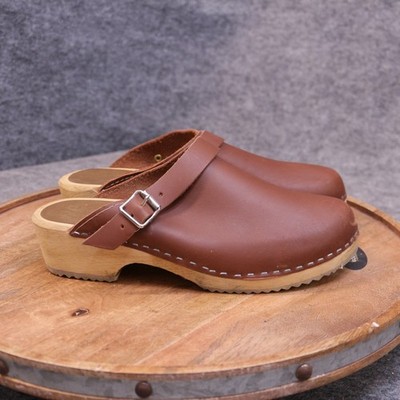 MIA Alma Brown Leather Swedish Clogs Womens EUR Size 40 US 9 Wooden Heel Sweeden
