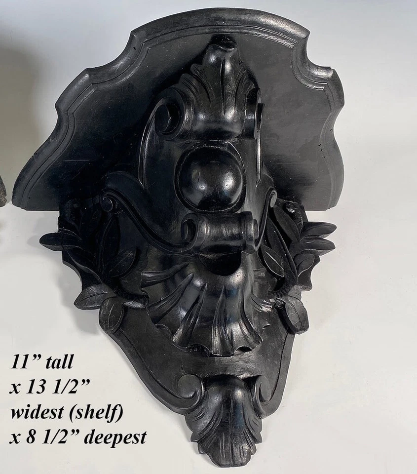 Par de estantes de pared grandes antiguos franceses tallados de madera de 13,5" x 11", estante con soporte Foto 2 de 4