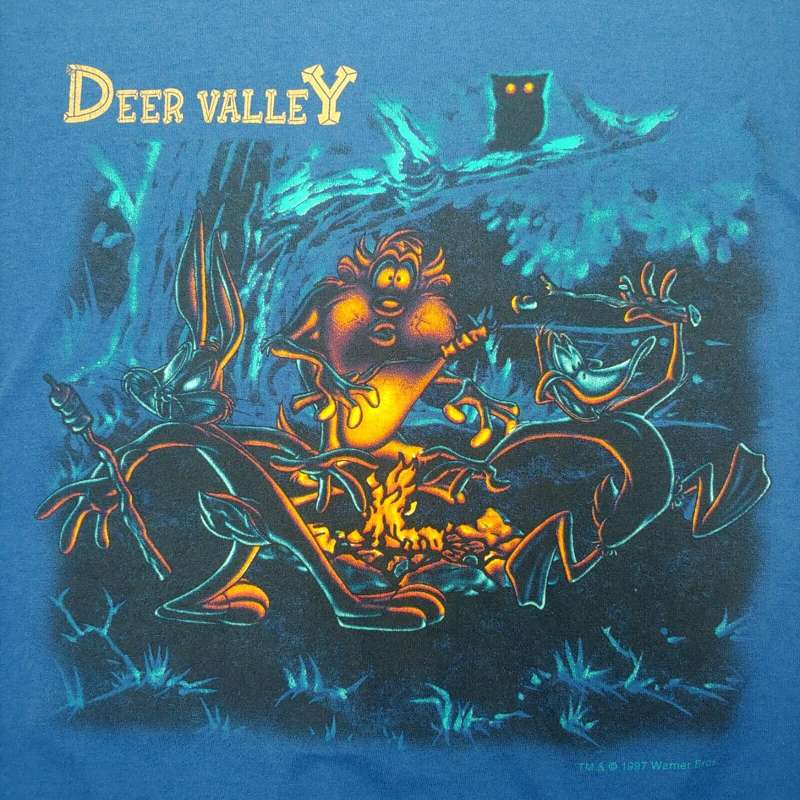 Vintage Looney Tunes Deer Valley Utah Shirt Large Bugs Bunny Taz Daffy Duck Blue