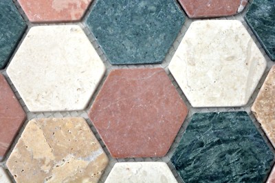 Mosaïque Marbre Hexagonale Crème Beige Rouge Vert 42-1213_f - Lot De 10 Plaques Neuves